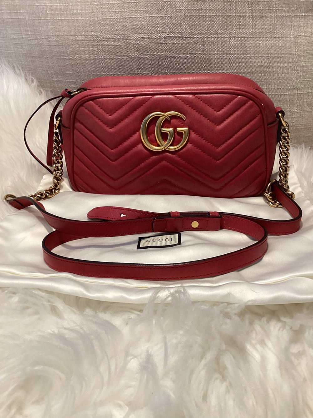Gucci Red GG Marmont Chevron Crossbody Bag with Gold Hardware